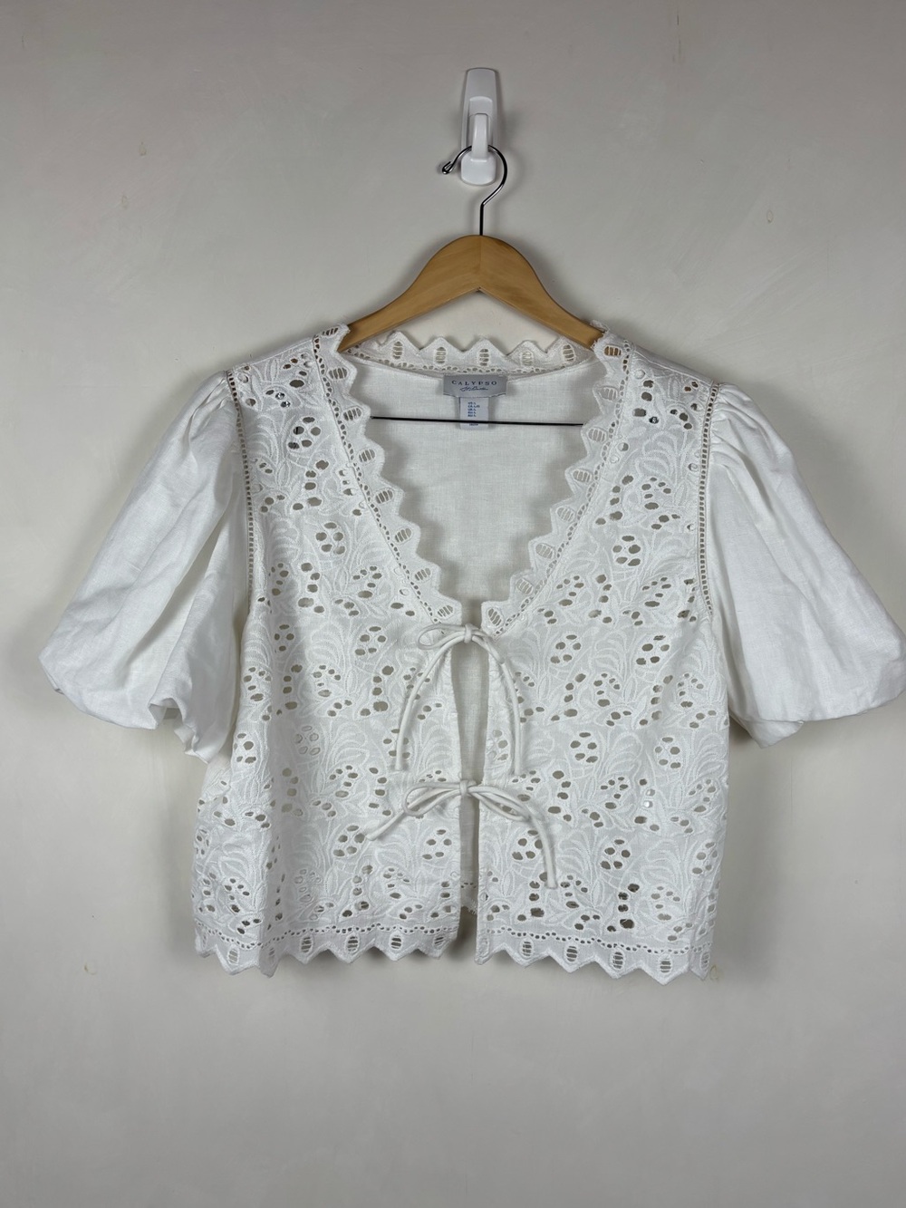 Calypso St. Barth White Eyelet Cotton Puff Sleeve Tie Front Crop Blouse Large